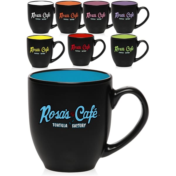 33804274 A black mug with Rosa’s Cafe: Tortilla Factory on the outside and a bright blue interior shows what kind of customizable options there are for drinkware.
