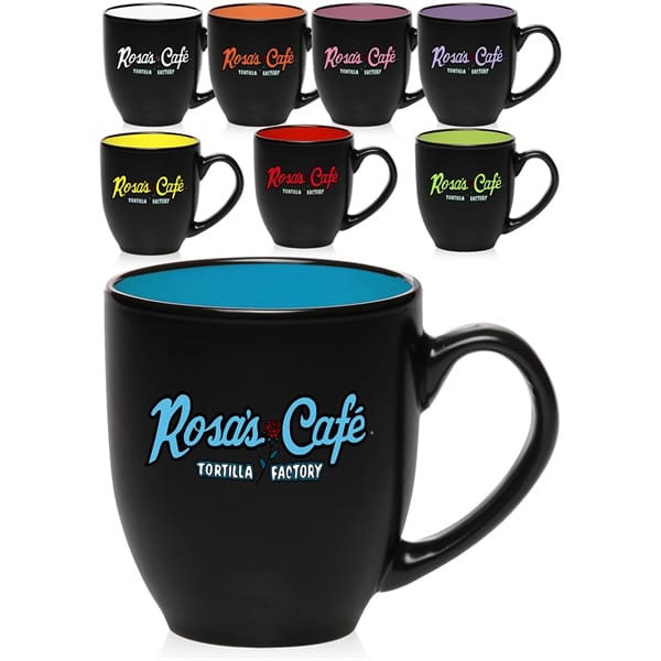 A black mug with Rosa’s Cafe: Tortilla Factory on the outside and a bright blue interior shows what kind of customizable options there are for drinkware.