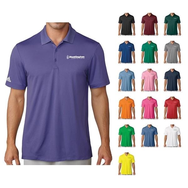 A man wears a collared purple shirt beside many other color options and logos available for customization.