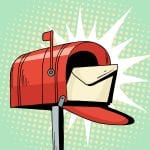 Cartoon pop art red mailbox send letter. Comic hand drawn illustration - mail delivery with envelope. Vector isolated on blue halftone background.