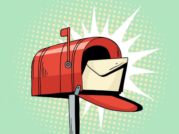 bigstock–122486528 Cartoon pop art red mailbox send letter. Comic hand drawn illustration - mail delivery with envelope. Vector isolated on blue halftone background.