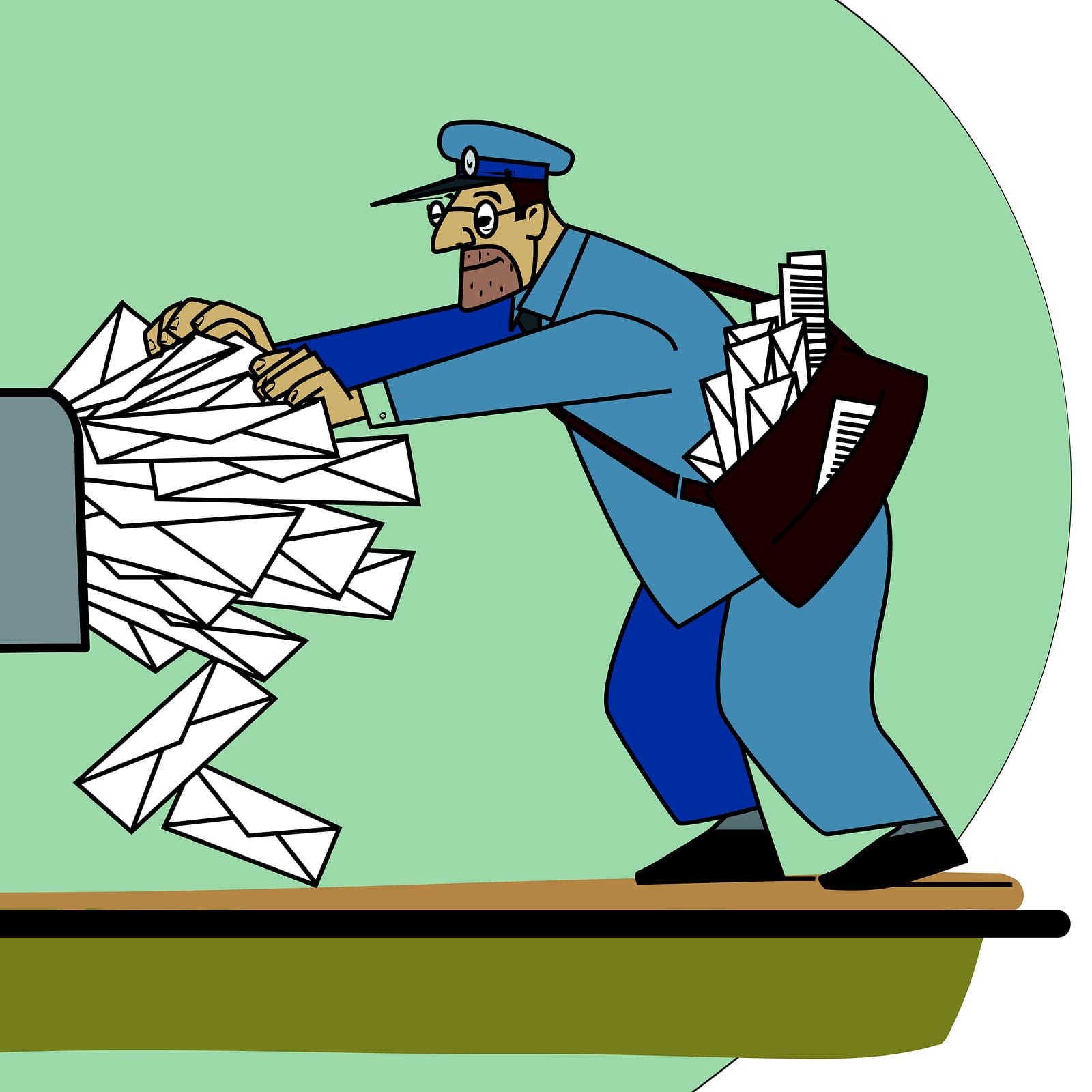 The postman a lot of paper mail and Inbox line art. Spam and mailing list. The profession of postman. A lot of envelopes with letters