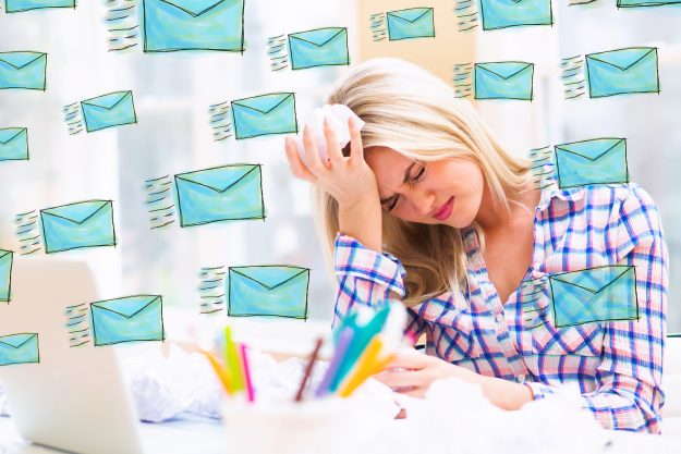 Emails with young woman with crumpled paper balls Emails with young woman with crumpled paper balls