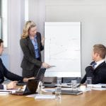 Blonde female present graph on flipchart during business meeting, while 4 more colleagues sits at conference table.