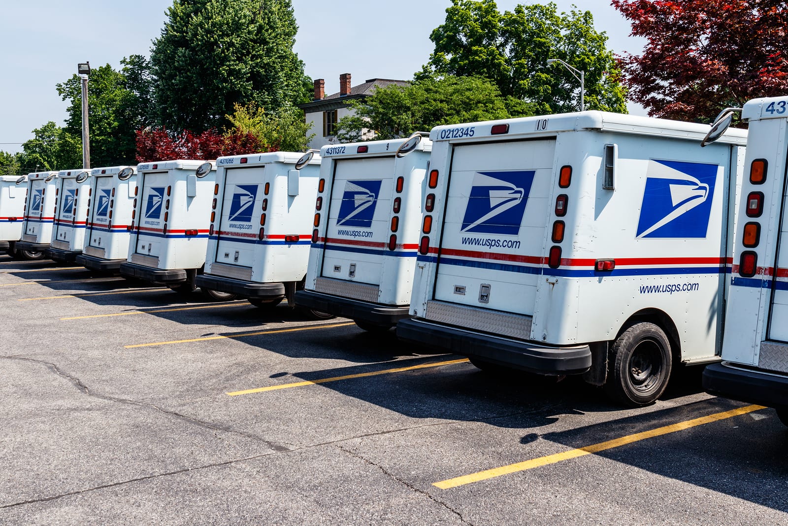 A line of USPS trucks are parked in a parking lot waiting for deliveries.