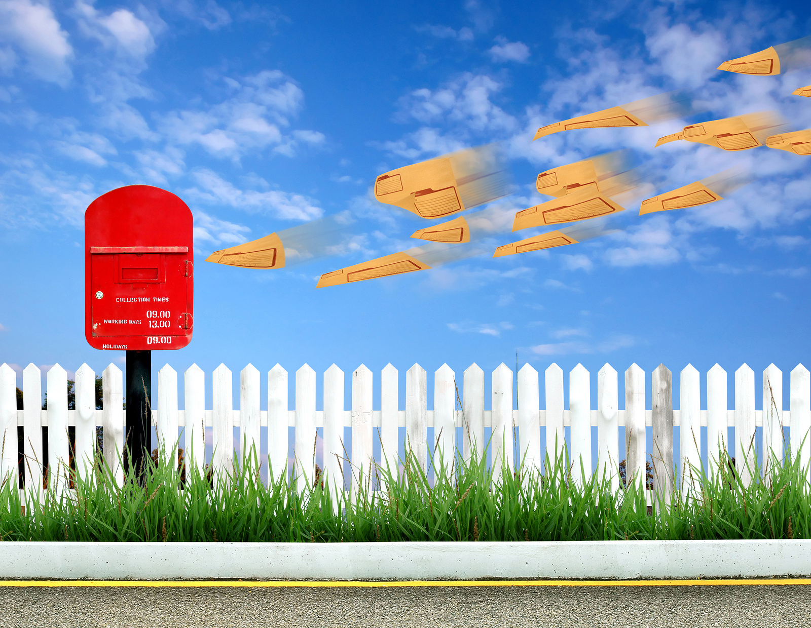 a red postbox and brown envelope with blue sky