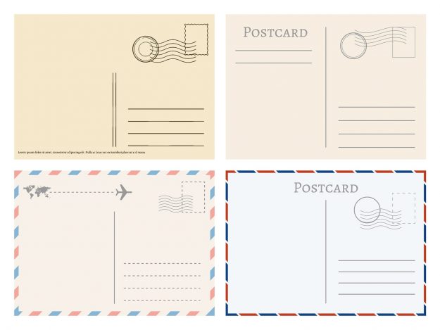 Vintage paper postal cards. Greetings from postcard vector template. Postage card, vintage post stamp, postal postmark for mail illustration