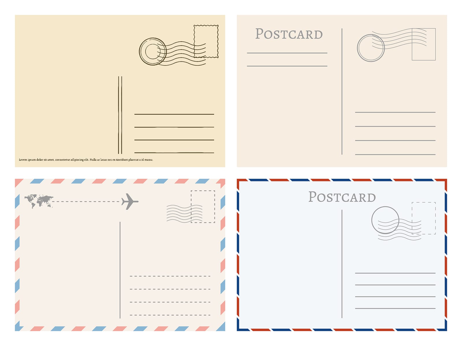 Vintage paper postal cards. Greetings from postcard vector template. Postage card, vintage post stamp, postal postmark for mail illustration