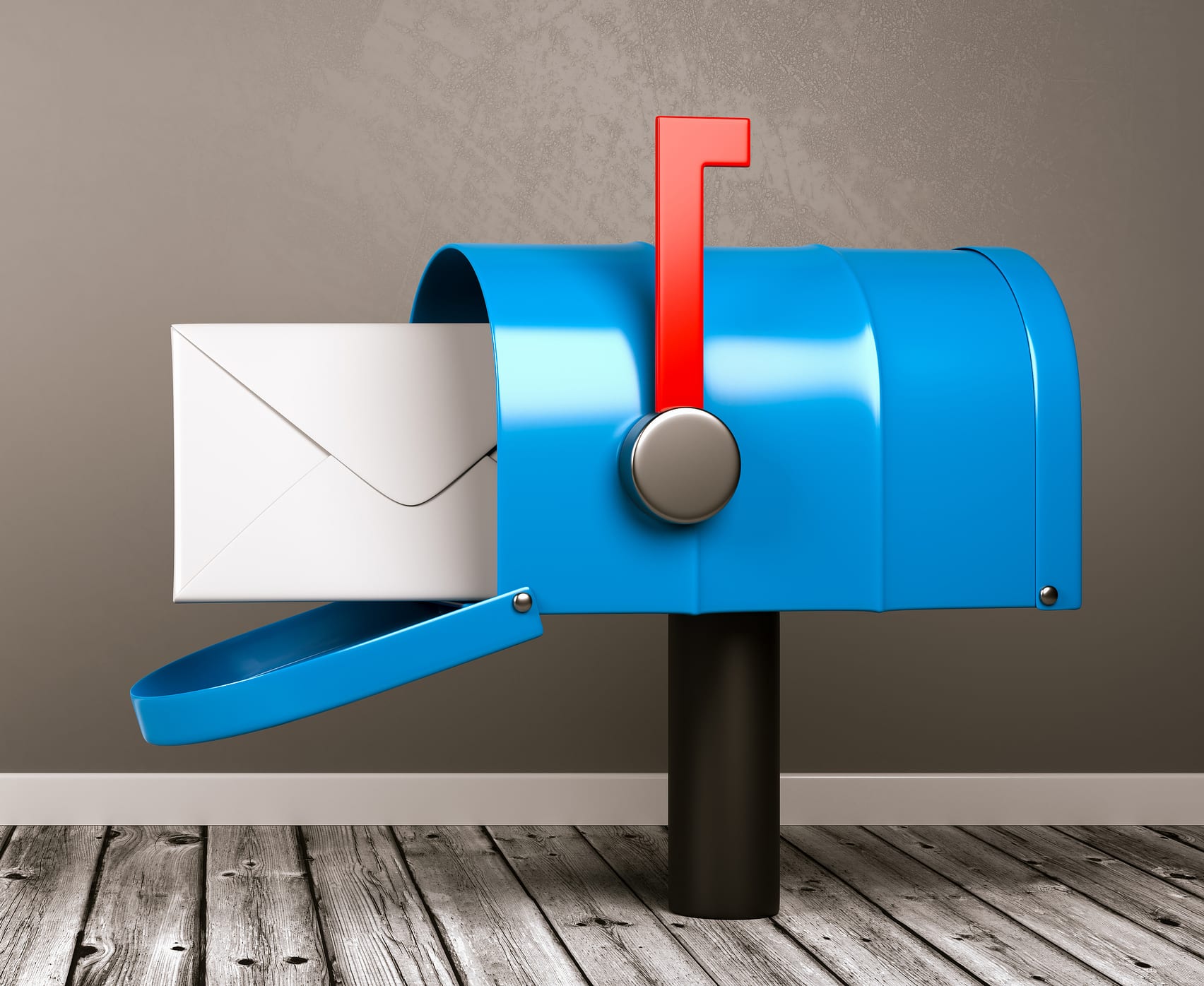 Blue Mailbox with Envelop on Wooden Floor in a Gray Wall Room with Copy Space 3D Illustration